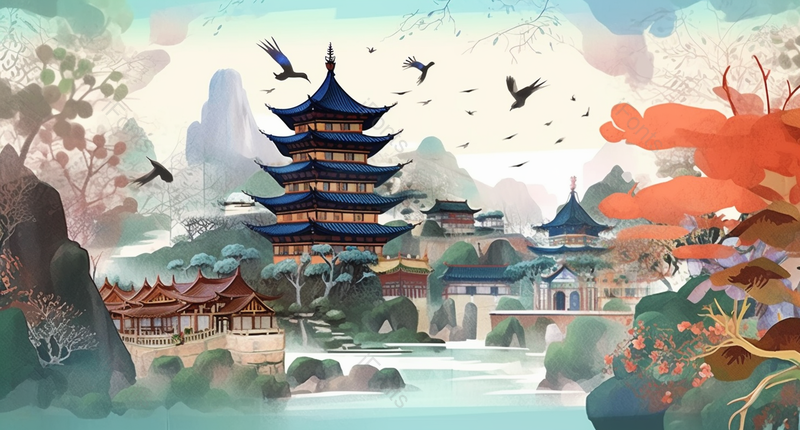 多个阁楼建筑亭子中国风国潮风插画山水画,插画/手绘图,插画/手绘图库,插画/手绘图下载,插画/手绘